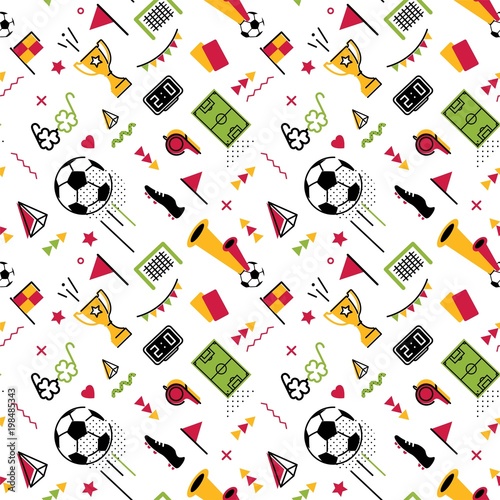 Soccer/football abstract background in 80s memphis style. Seamless memphis pattern for posers and cards. Vector illustration