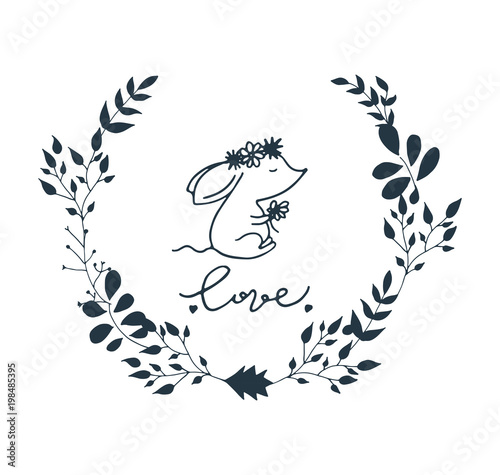 Floral wreath with love lettering. photo