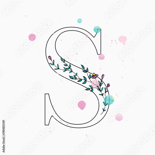 S letter. Hand drawn floral alphabet with watercolor drops.
