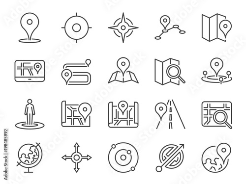 Map icon set. Included the icons as pin, nearby, direction, navigation, navigator, way, path and more.
