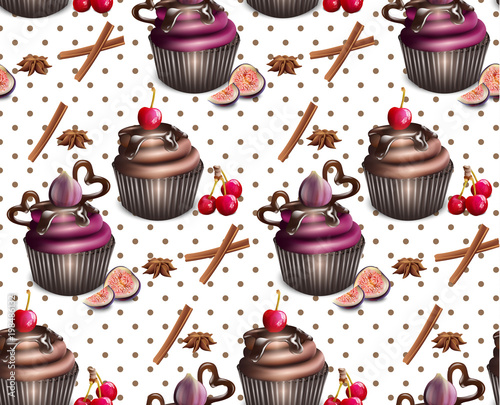 Chocolate cupcakes pattern Vector. Retro vintage backgrounds