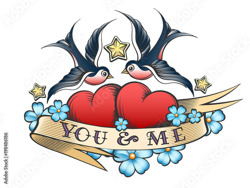 Tattoo with Swallows and Hearts with Ribbon