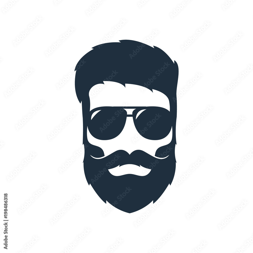 Illustration of a hipster head with a beard, mustache and sunglasses.