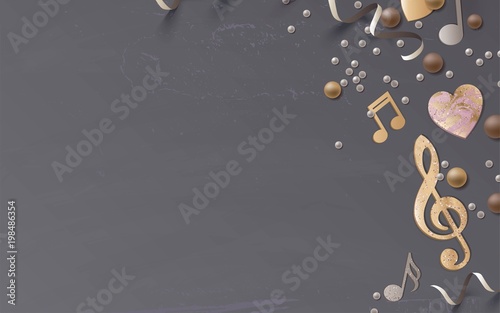 Music notes and confetti on shabby background. Top view. Vector illustration