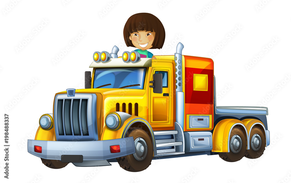 cartoon scene with happy and funny child - girl in cargo truck without trailer - illustration for children cartoon scene with happy and funny child - girl in cargo truck without trailer - illustration for children