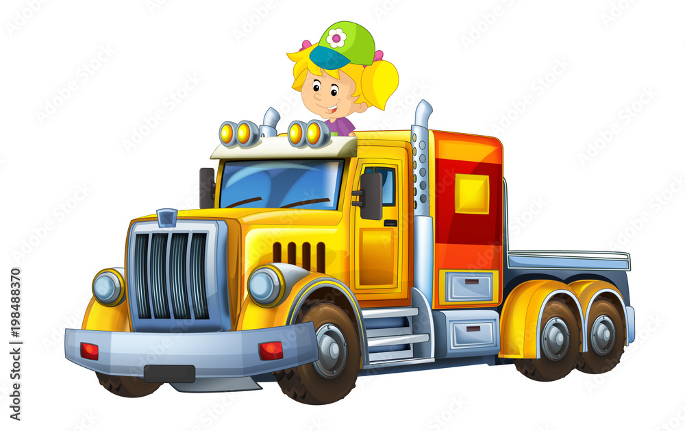 cartoon scene with happy and funny child - girl in cargo truck without trailer - illustration for children cartoon scene with happy and funny child - girl in cargo truck without trailer - illustration for children