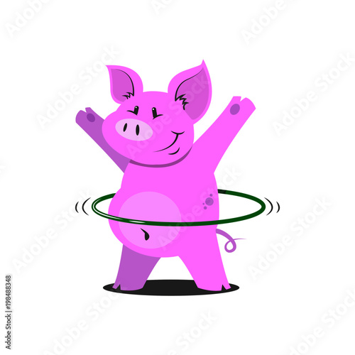 colored simple illustration of a fat pig with a hulaohup