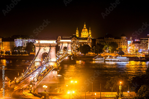 Szechenyi Chain Bridge on Danube river at night.