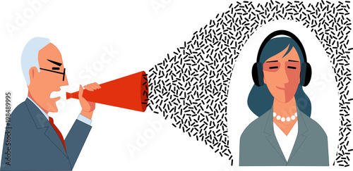 Businessman yelling at a female coworker in a bullhorn, she is ignoring him, EPS 8 vector illustration