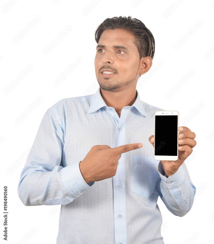 Man holding smartphone with blank screen professionally isolated on white background Man holding smartphone with blank screen professionally isolated on white background