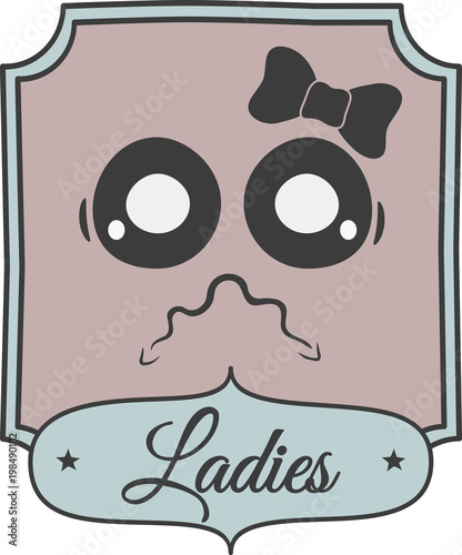 A colorful bathroom sign with newspaper style. A lady face caricature with moustache having urge to urinate. EPS 10 Vector Illustration.