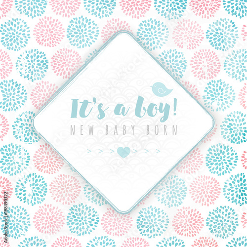 Vector rhombus frame on background, made of circle flowers. Pink and blue colors. New baby born.