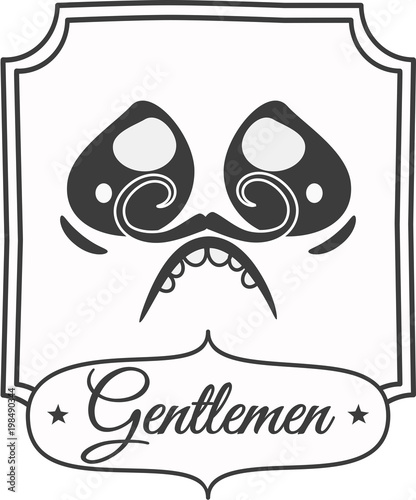 A black and white bathroom sign with newspaper style. A gentleman face caricature with moustache having urge to urinate. EPS 10 Vector Illustration.