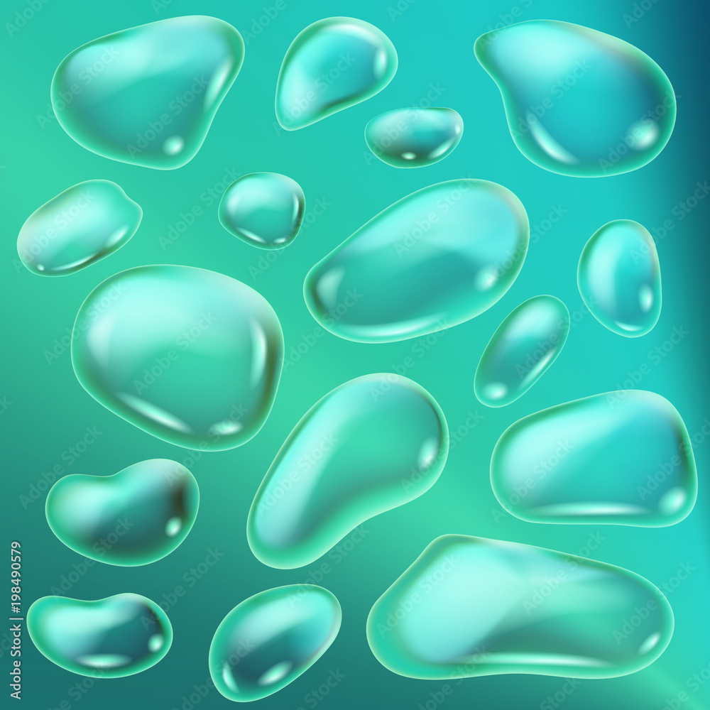 Realistic drops of a rain on a blue background in the form of glass. Abstract set. Vector illustration.