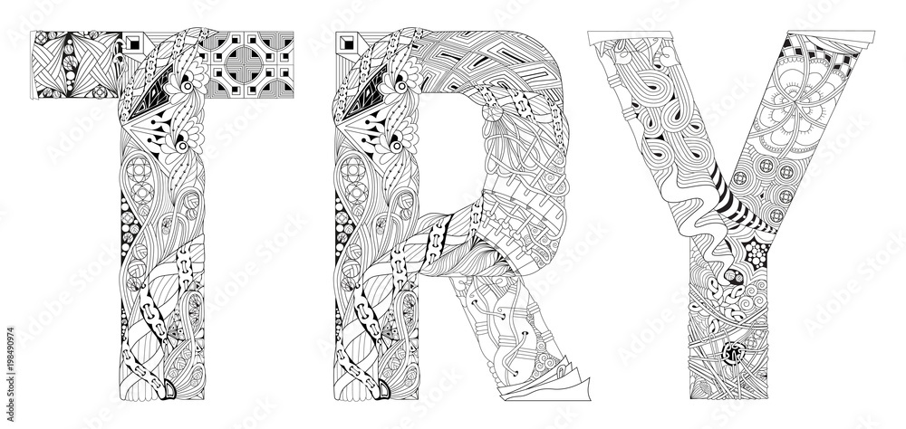 Word TRY for coloring. Vector decorative zentangle object