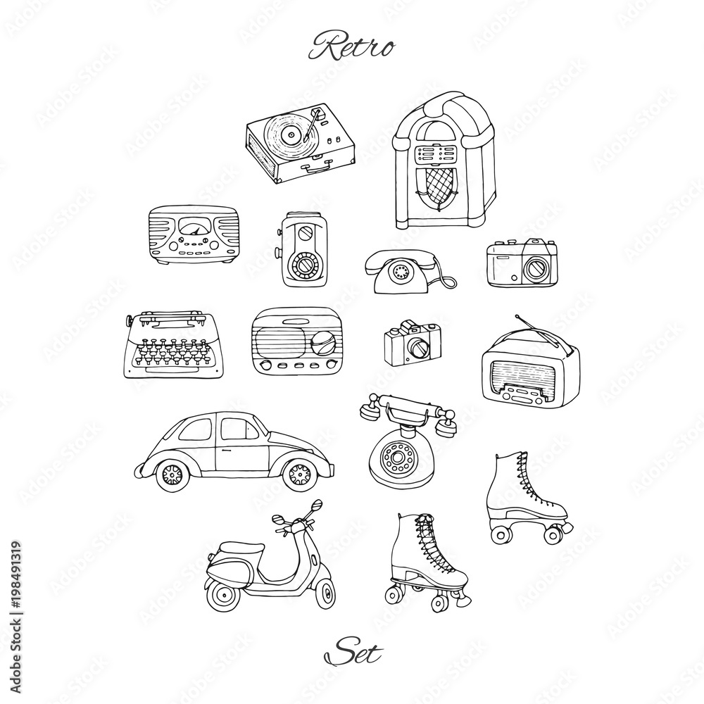 Vector retro set with antique tech, car, scooter, juke box, radio, typewriter, roller skates, cameras and vinyl record player. Hand drawn collection of vintage objects.