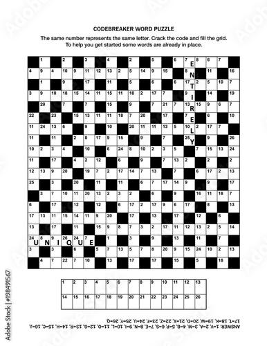 Puzzle page with codebreaker (codeword, code cracker) word game or crossword puzzle. General knowledge, some words already in place, medium level. Answer included.
