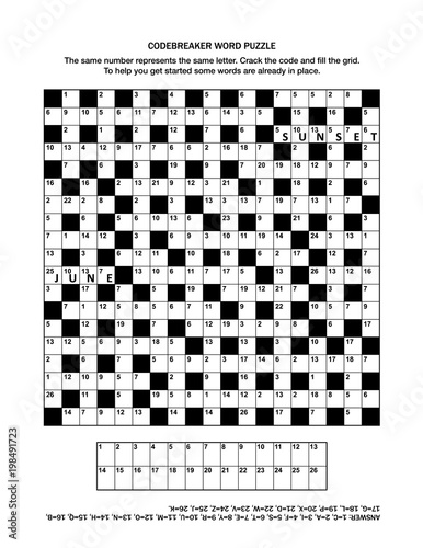 Puzzle page with codebreaker (codeword, code cracker) word game or crossword puzzle. General knowledge, some words already in place, medium level. Answer included.
