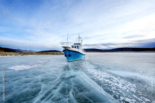 Fishermal boat locked in Lake Khovsgol in Mongolia