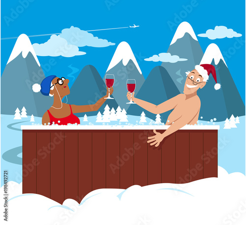 Happy couple of active seniors drinking wine in a hot tub, winter mountain landscape on the background, EPS 8 vector illustration