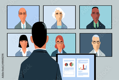 Businessman conducting a video-conference with a few remote partners, EPS 8 vector illustration photo