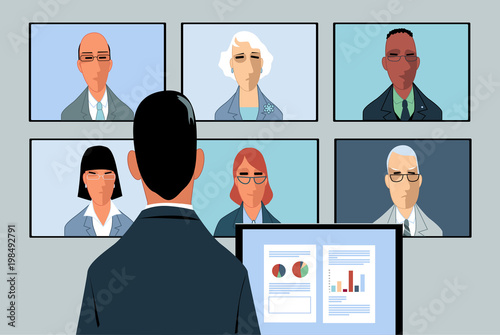 Businessman conducting a video-conference with a few remote partners, EPS 8 vector illustration