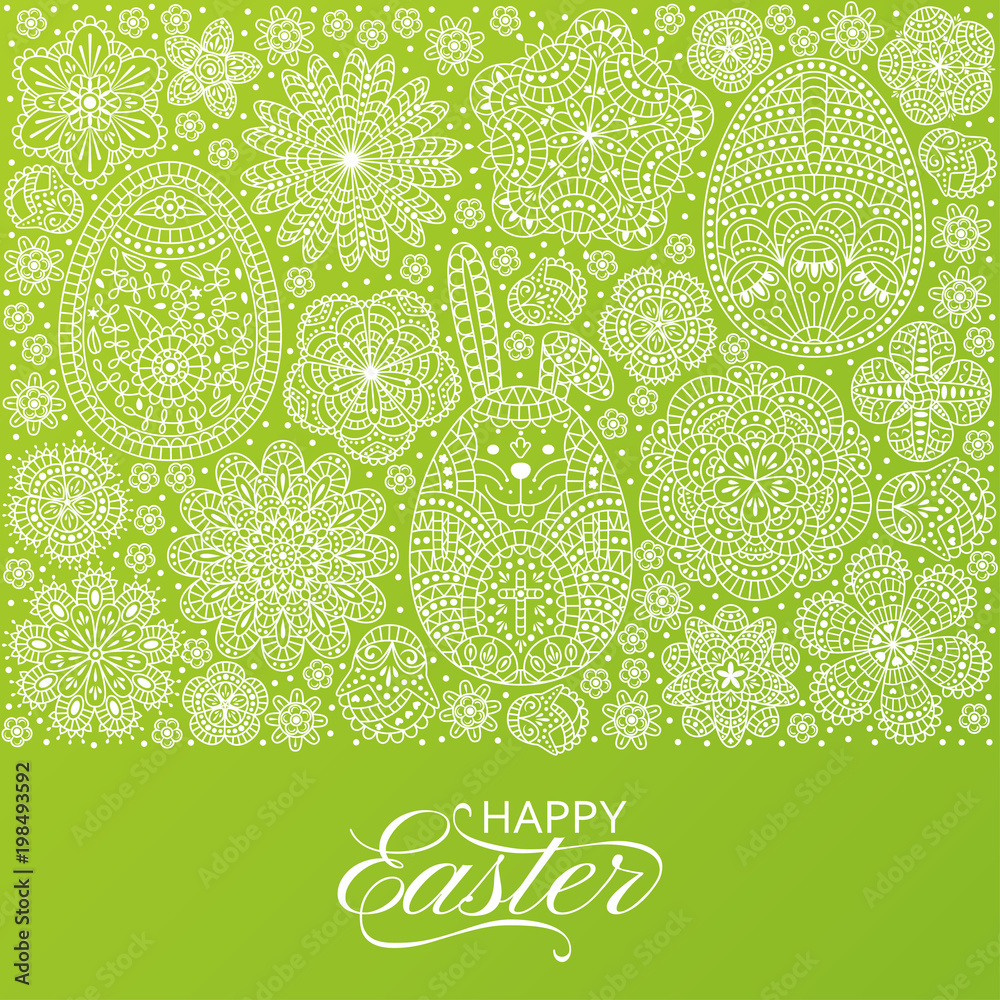 Happy Easter background. Good design template for banner, greeting card, flyer. Ornamental white bunny, eggs and flowers. Vector illustration. Happy Easter background. Good design template for banner, greeting card, flyer. Ornamental white bunny, eggs and flowers. Vector illustration.