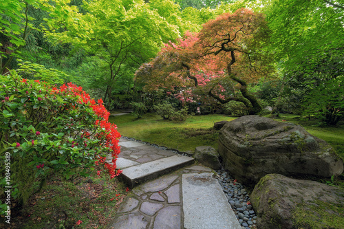 Canvas Print Japanese Garden Strolling Stone Path with manicured plants and trees