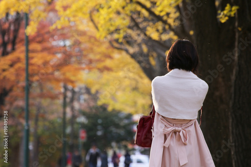 紅葉と女性の後ろ姿