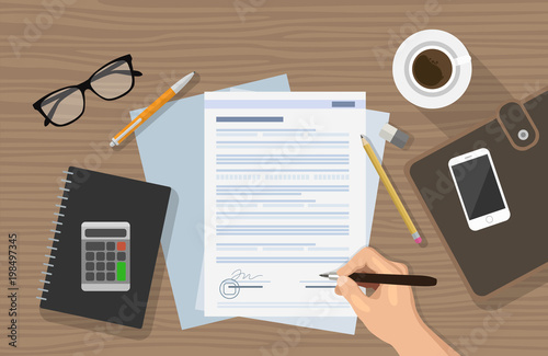 Vector flat cartoon workplace from above with documents, calculator and persons hand signing contract