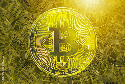 Bitcoin concept. Golden bitcoin with golden pattern background. Electronic money online. Picture for add text message. Backdrop for design art work.