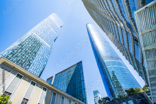 A skyscraper from a low angle view in the modern city of China