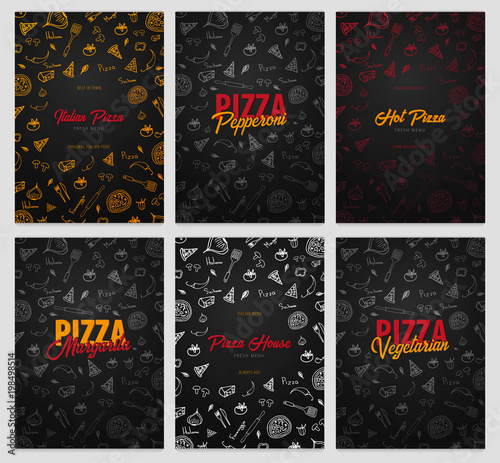 Set of Pizza food menu for restaurant and cafe. Design with hand-drawn graphic elements in doodle style. Vector Illustration
