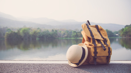 Backpack and travel accessories,Travel lovers to travel in an adventure lifestyle and in the midst of the mountains.