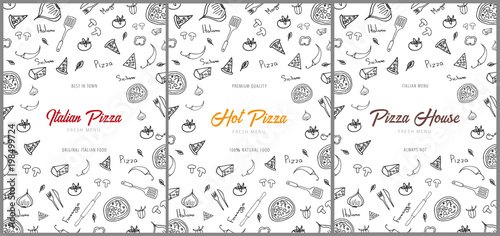 Set of Pizza food menu for restaurant and cafe. Design with hand-drawn graphic elements in doodle style. Vector Illustration
