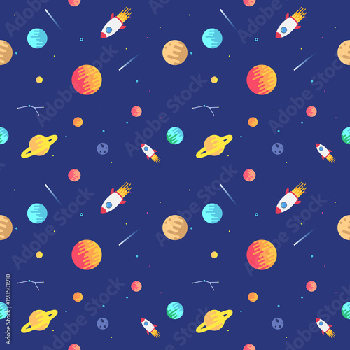 Seamless adventure space pattern with rockets, planets, stars and dashed traces over the dark night sky background. Flat design Space