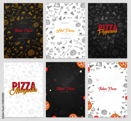 Set of Pizza food menu for restaurant and cafe. Design with hand-drawn graphic elements in doodle style. Vector Illustration