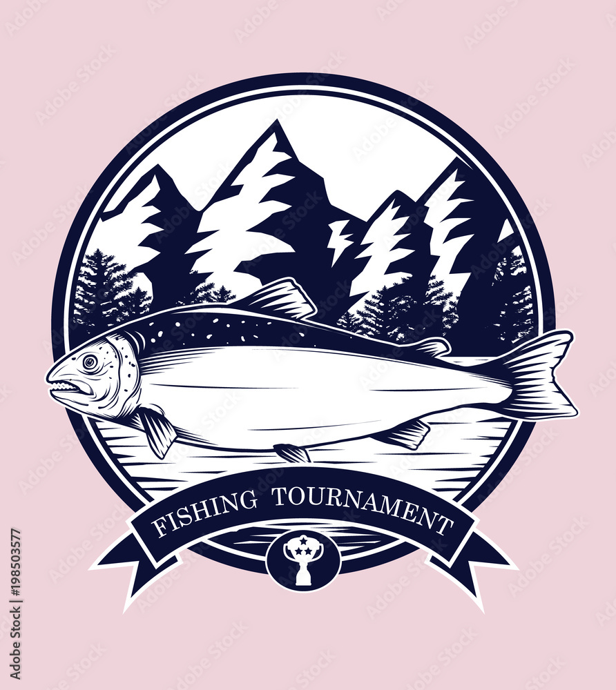 Fishing logos vector by hand drawing.Salmon art highly detailed in