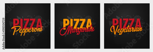 Set of Pizza food menu for restaurant and cafe. Design with hand-drawn graphic elements in doodle style. Vector Illustration