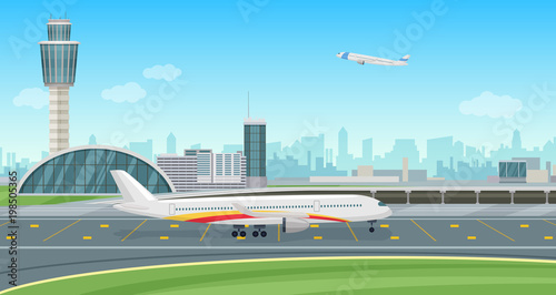 Airport Terminal building with aircraft taking off. Vector airport landscape.