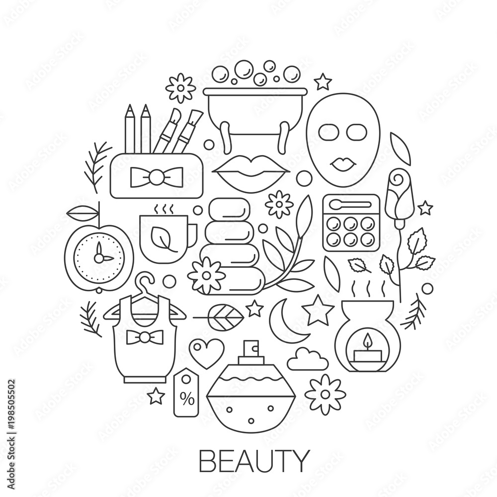 Beauty cosmetics in circle - concept line illustration for cover, emblem, badge. Hairdressing salon, spa, cosmetology thin line stroke icons set.