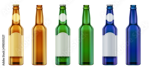 Vector Realistic blank green, yellow and blue glass beer bottle design set.