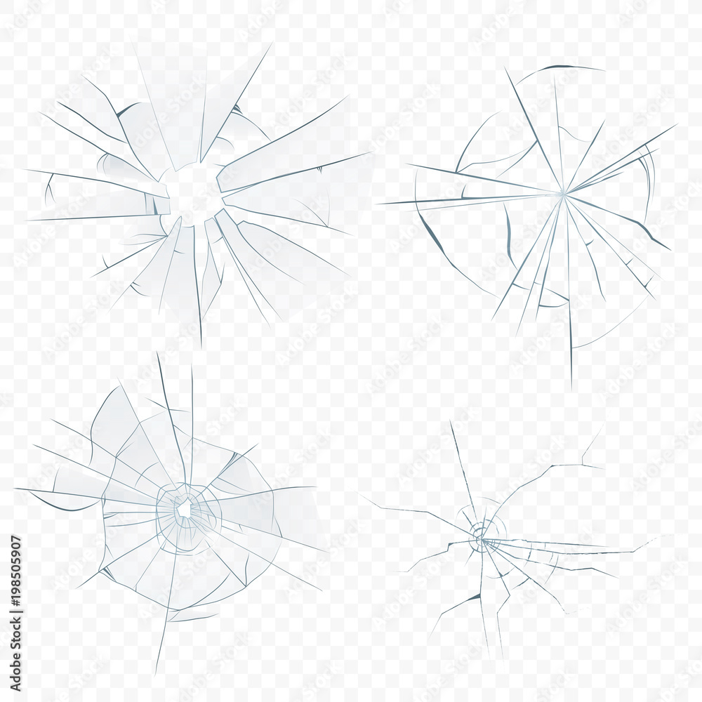 Vector Cracked crushed realistic glass set on the transperant alpha background. Bullet glass hole.