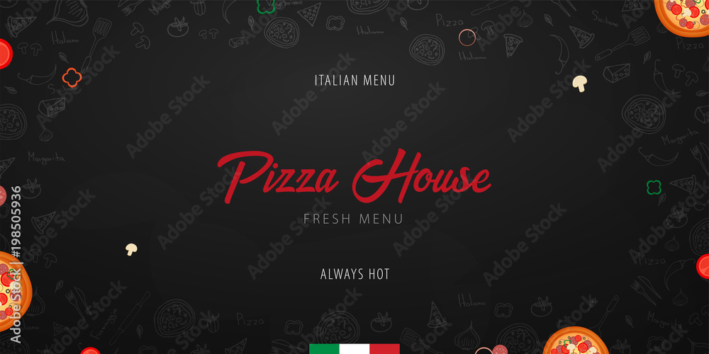 Pizza food menu for restaurant and cafe. Design banner with hand-drawn graphic elements in doodle style. Vector Illustration