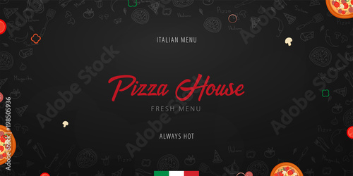 Pizza food menu for restaurant and cafe. Design banner with hand-drawn graphic elements in doodle style. Vector Illustration