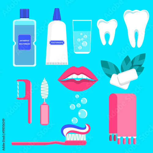 Set of oral care products. Toothpaste, toothbrush and lotion, dental floss, chewing gum. Flat vector cartoon illustration. Prevention of diseases of oral cavity. Objects isolated on blue background.