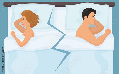 Unhappy angry couple having quarrel conflict in bed. Young people relationship or sexual difficulties.