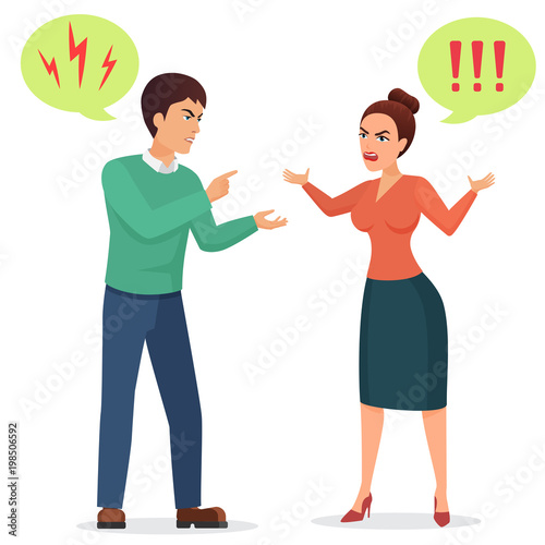 Cartoon Man and woman quarreling. Angry couple quarrel vector flat illustration.