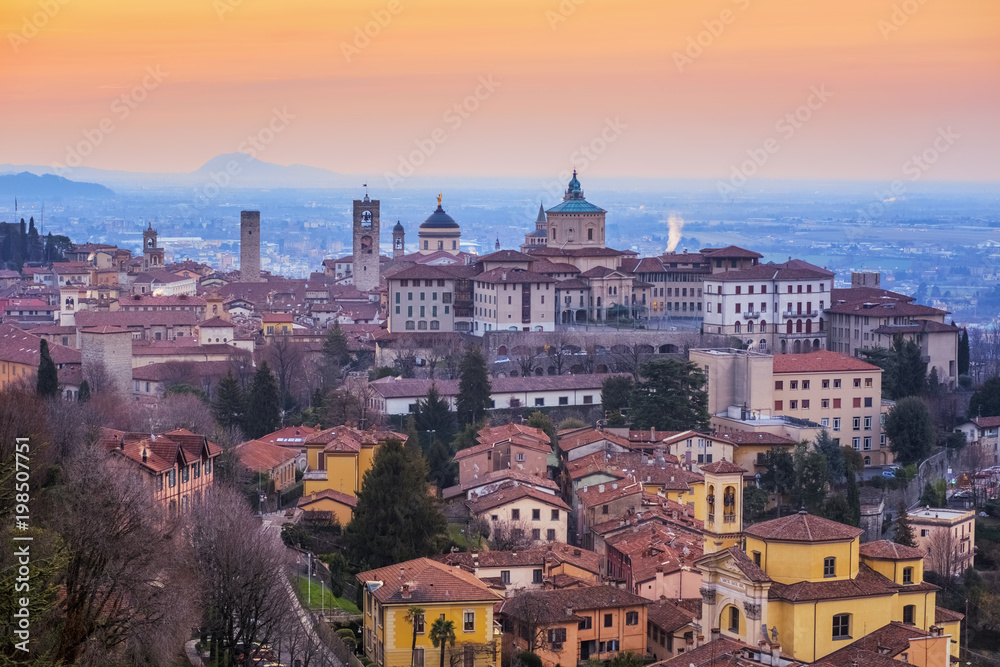 Bergamo Old Town, Lombardy, Italy, in dramatic sunrise light