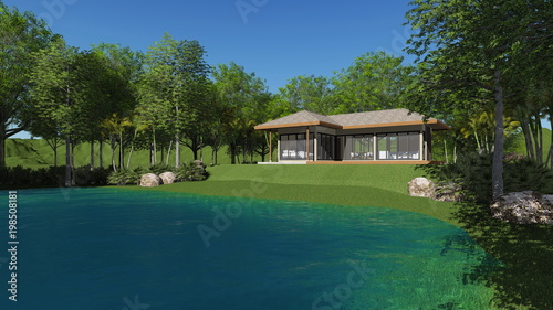 3d render home lake view right view © parakorn
